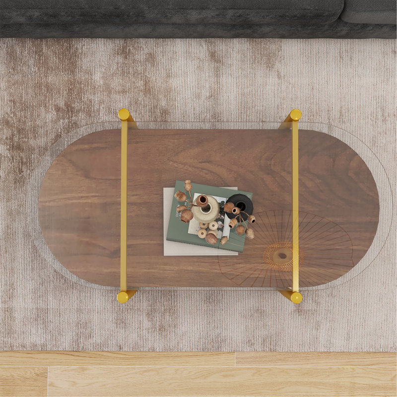 Table basse ovale en verre au design moderne, longueur 41 x largeur 21 x hauteur 17 pouces, pour le salon, structure double couche avec fonction de rangement, verre transparent et panneau de fibres à densité moyenne brun