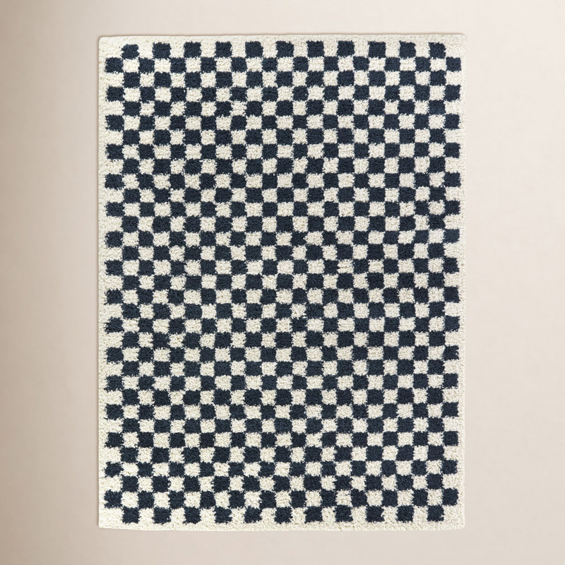 Walker Checkered Navy Blue/White Shag Area Rug, Rectangle 5'3" x 7'