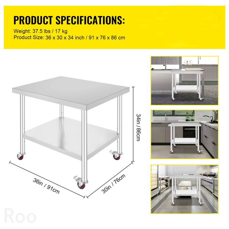 Étagère réglable en acier inoxydable 30 po x 36 po x 34 po à 3 niveaux avec 4 roulettes, H 34 po x l 36 po x P 30 po