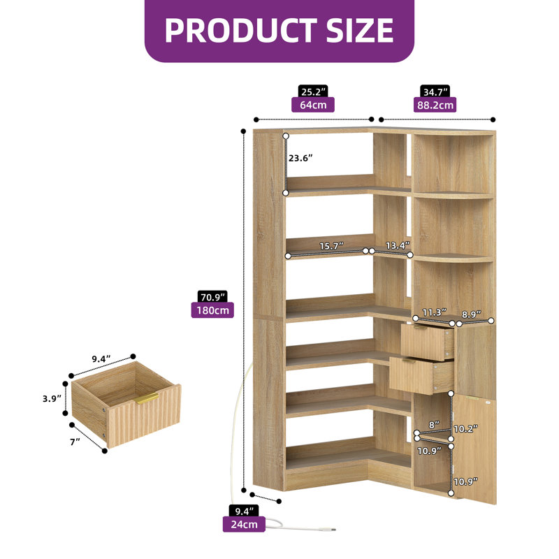  L-Shaped Corner Bookshelf With LED Lights & Drawers