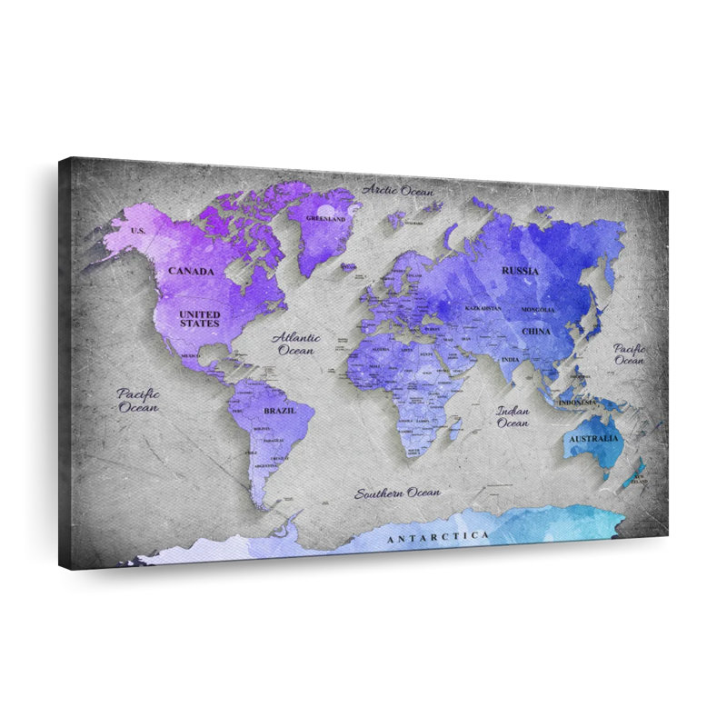 Carte du monde sur toile, impression sur toile, H 32 po x l 48 po x P 1,25 po