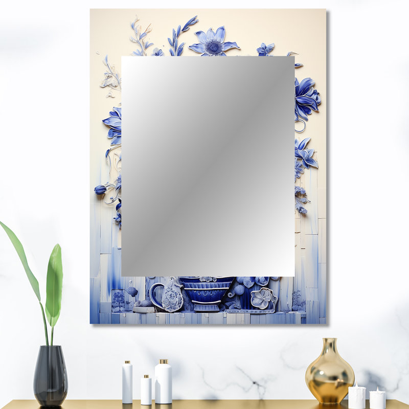 Bleu et blanc Boho Plant Pottery II - miroir unique de poterie Boho, 40 po x 30 po