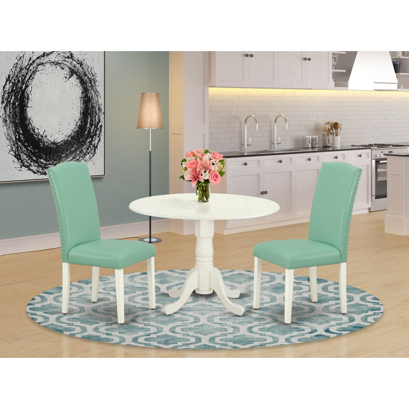 3 Piece Dining Set Contains a Round Dining Room Table with Dropleaf and 2 Pond Faux Leather Upholstered Parson Chairs, 42x42 Inch, Linen White