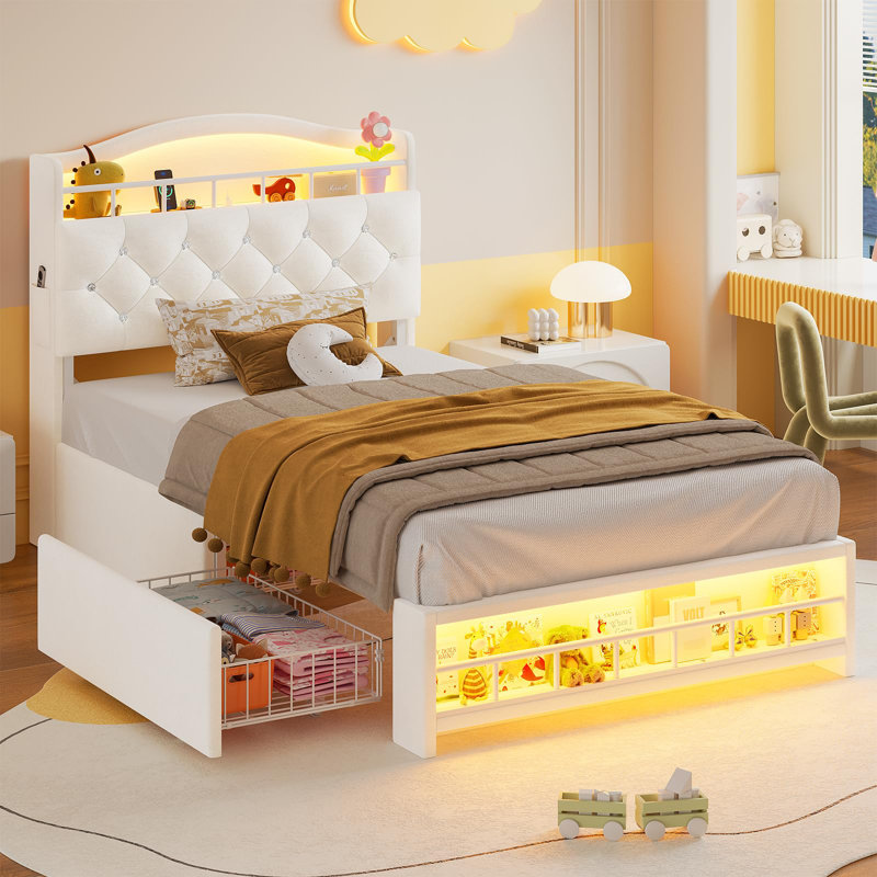 Structure de lit avec tête de lit de rangement et 4 tiroirs, avec lumières à DEL et station de charge, aucun sommier requis, assemblage facile, lit plateforme tapissier en velours Princess