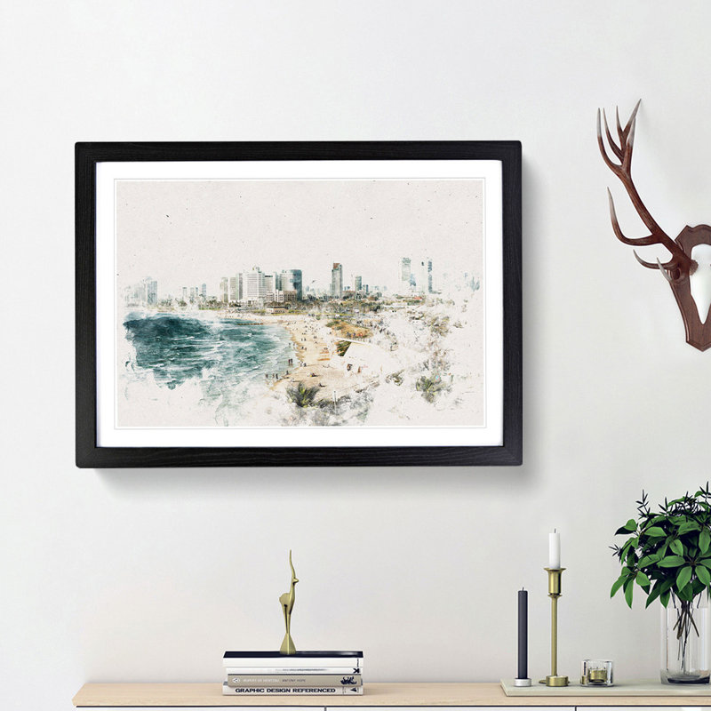 Tel Aviv Israel Skyline - Picture Frame Painting Print, 45cm H x 63cm W x 2cm D, Walnut Framed