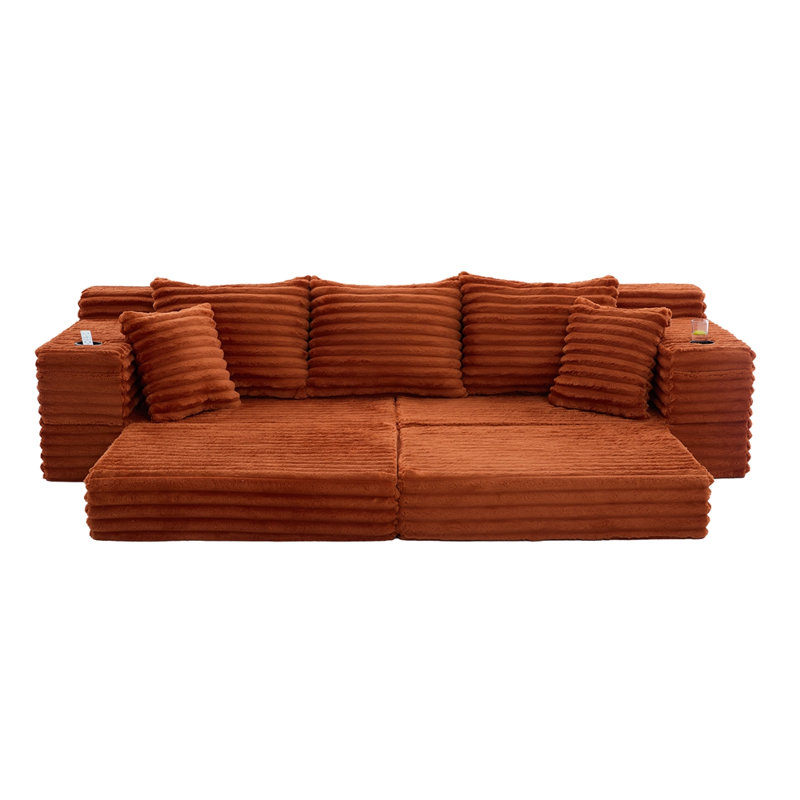 Très grand canapé sans siège à quatre places avec porte-gobelet et poches latérales, canapé-lit rembourré en velours côtelé avec 3 coussins, 2 coussins lombaires, salon, chambre à coucher, sans assemblage, matériau respirant