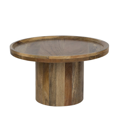 Round Mango Wood Coffee Table with Rimmed Bowl Top & Sturdy Pedestal Base, 27.5” Wide