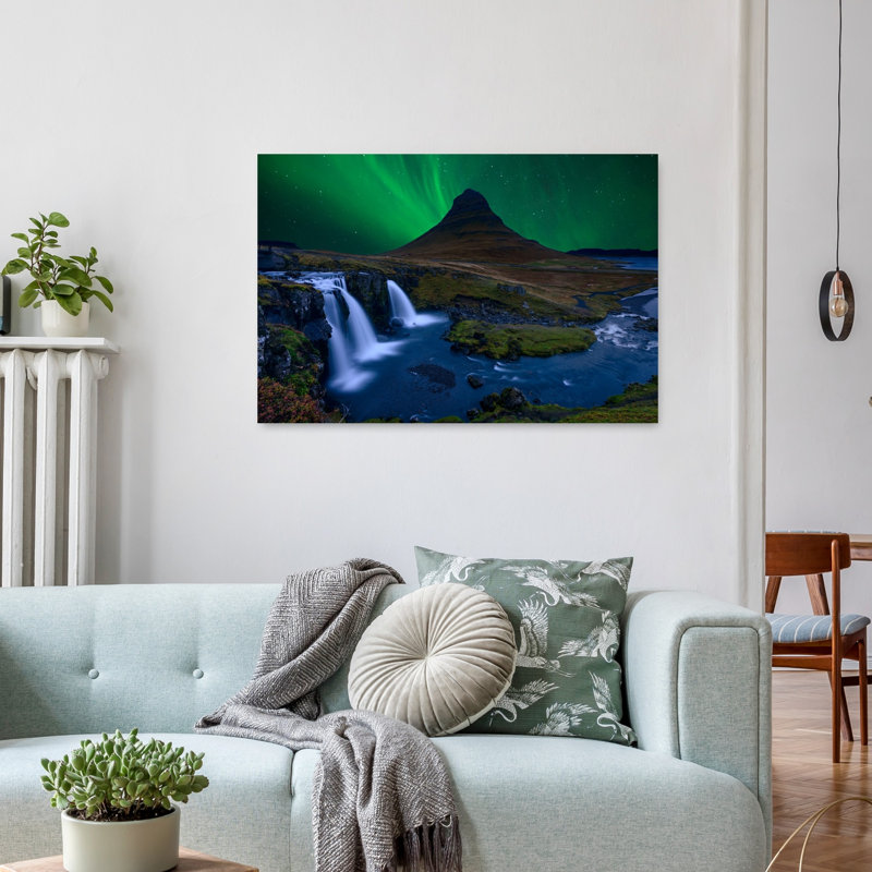 Kirkjufell Aurora Waterfalls Dramatic Ethereal Mystical Landscape Mountain Wall Art Print 1 Piece Wrapped Canvas Wall Art