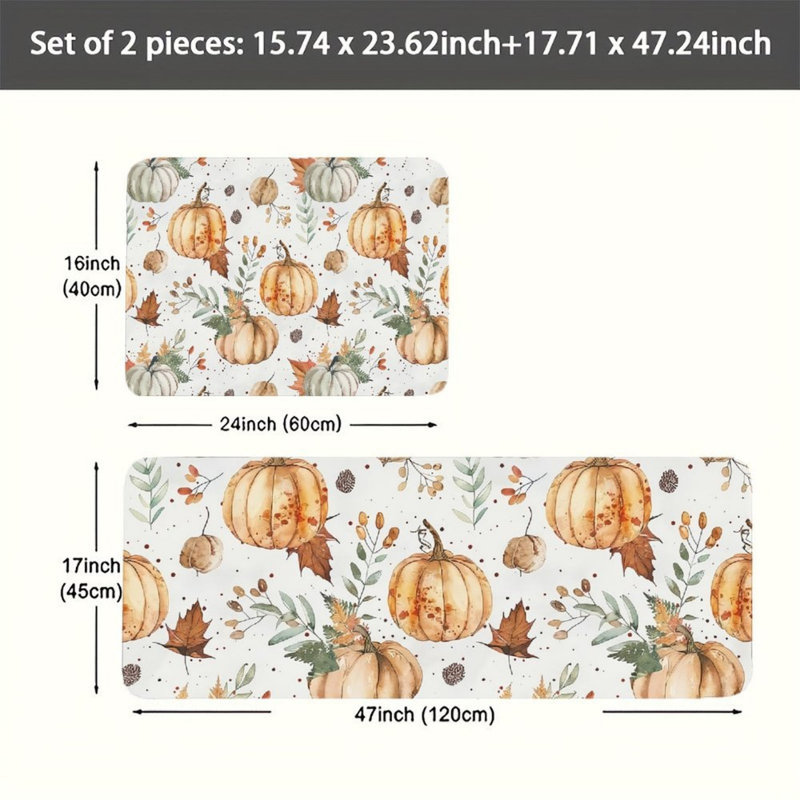 Tapis de cuisine blanc à motif de citrouille aquarelle, ensemble de 2, pour cuisine et salle de bain