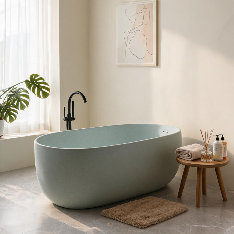 47 inch Turquoise Green Solid Surface Freestanding Soaking Bathtub with Overflow and Pop-up Drain