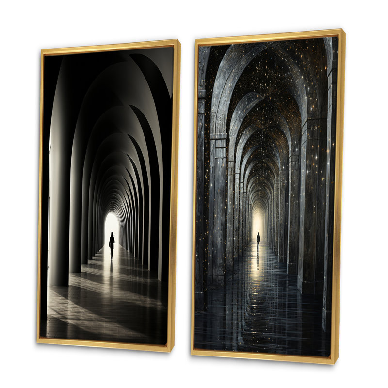 «Black Grey Tunnel Timeless Passage Classic», 2 pièces, Encadrement doré, H 32 po x l 32 po