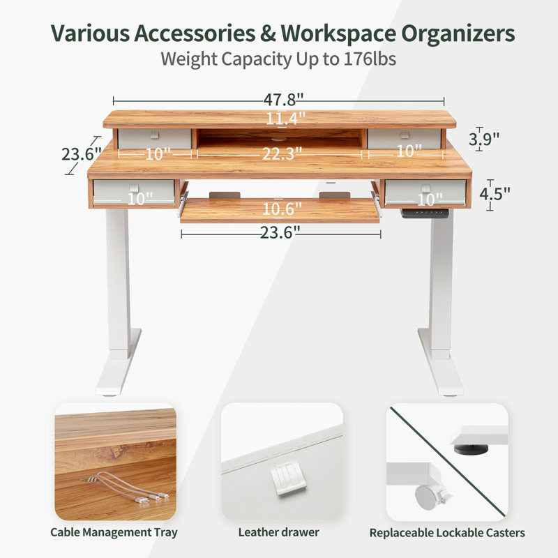 Somers Adjustable Metal Base Standing Desk, 46" H x 47.8" W x 23.6" D, Natural/White