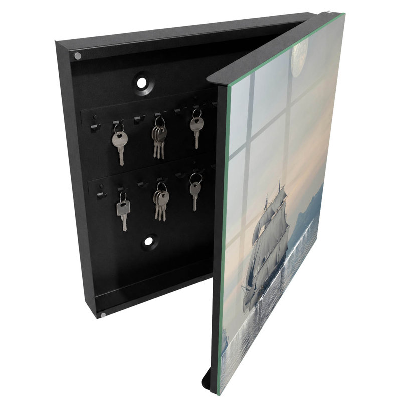 Key storage box, Opens to the right, 30x30x5, Black, A sailing ship on a calm sea in the morning, 