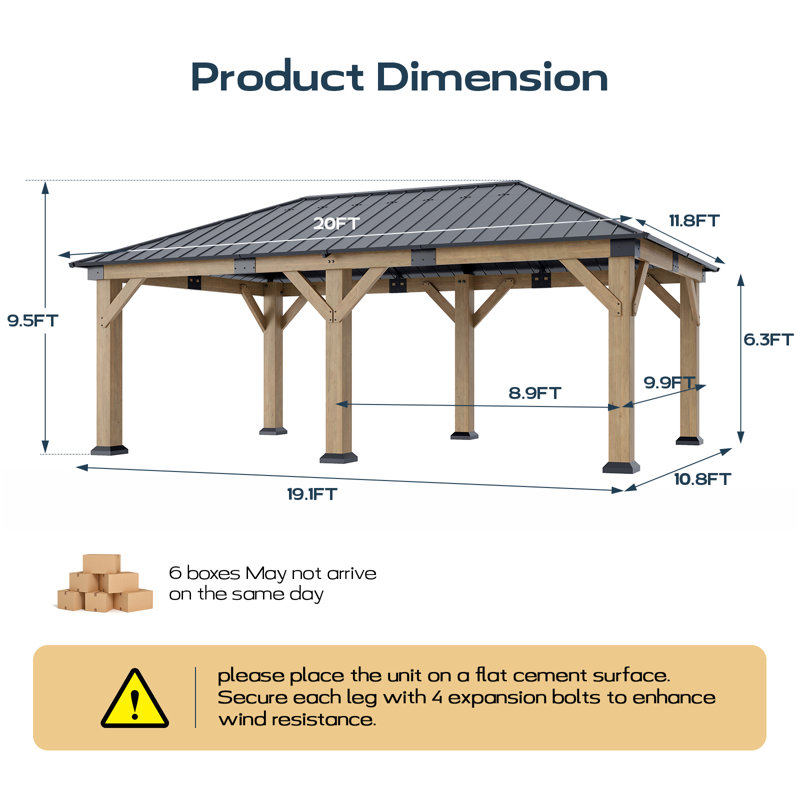 Pavillon de jardin en bois de cèdre 12 po x 20 pi avec toit en acier galvanisé