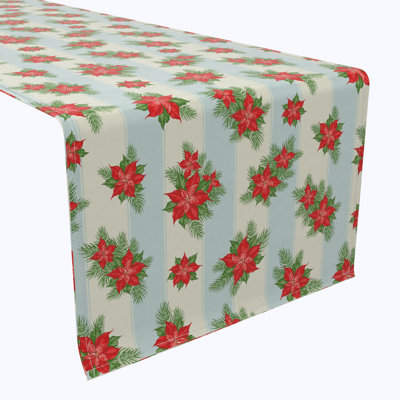Ellmyer  Table Runner, 100% Cotton, Poinsettias With Striped Background