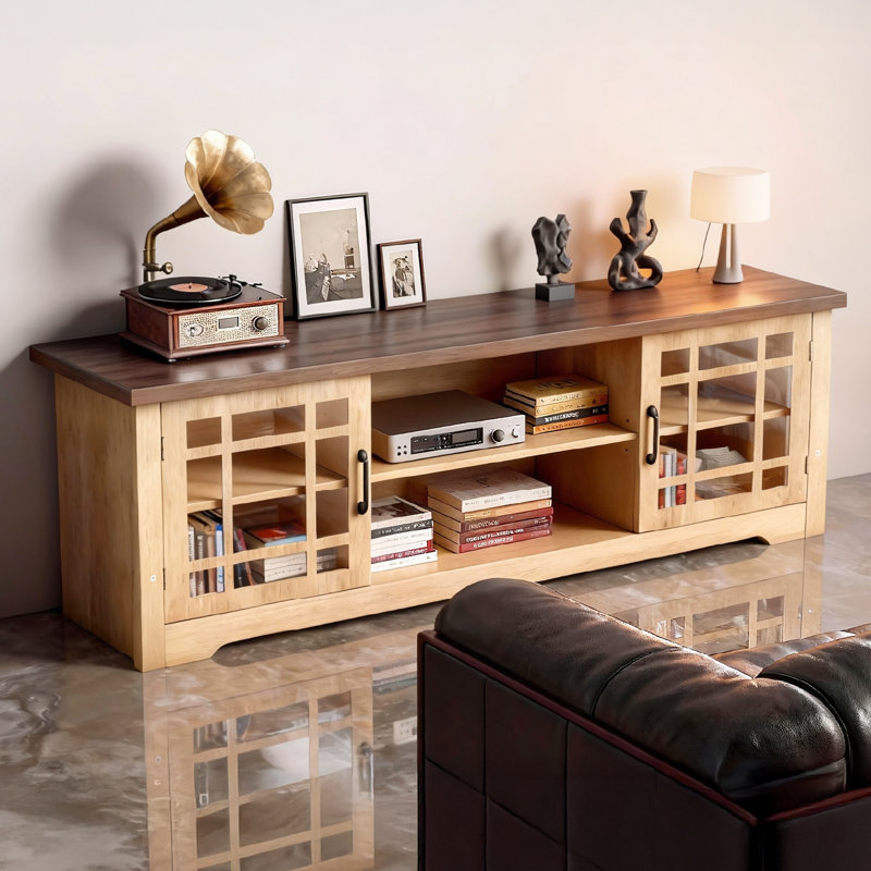 57.8'‘ Brown TV Stand For 55-70’' TV With 2 Glass Doors