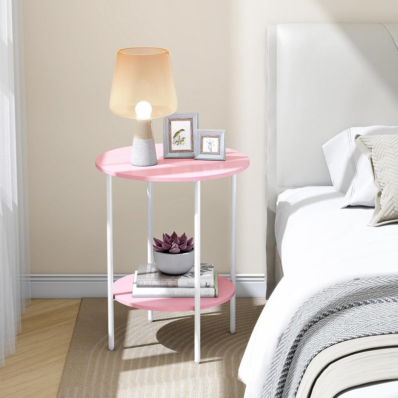 Table d'appoint ronde compacte - Table d'appoint étroite avec deux tablettes pour les petits espaces (rose)
