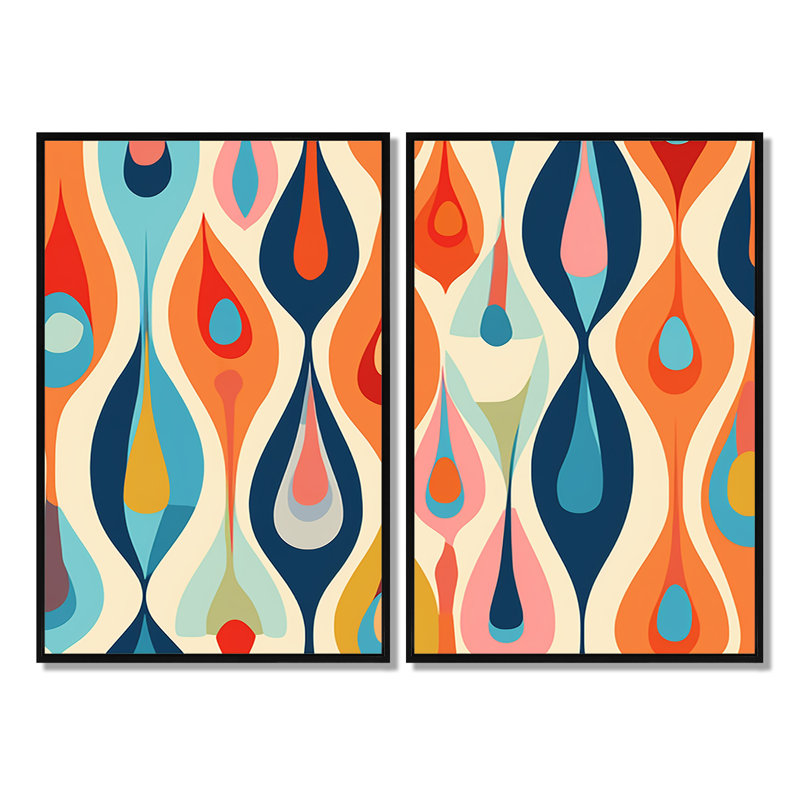 Rétro abstrait Gouttes - art mural moderne gris, 36" H x 48" W, Floater Framed Print without Mat, Black