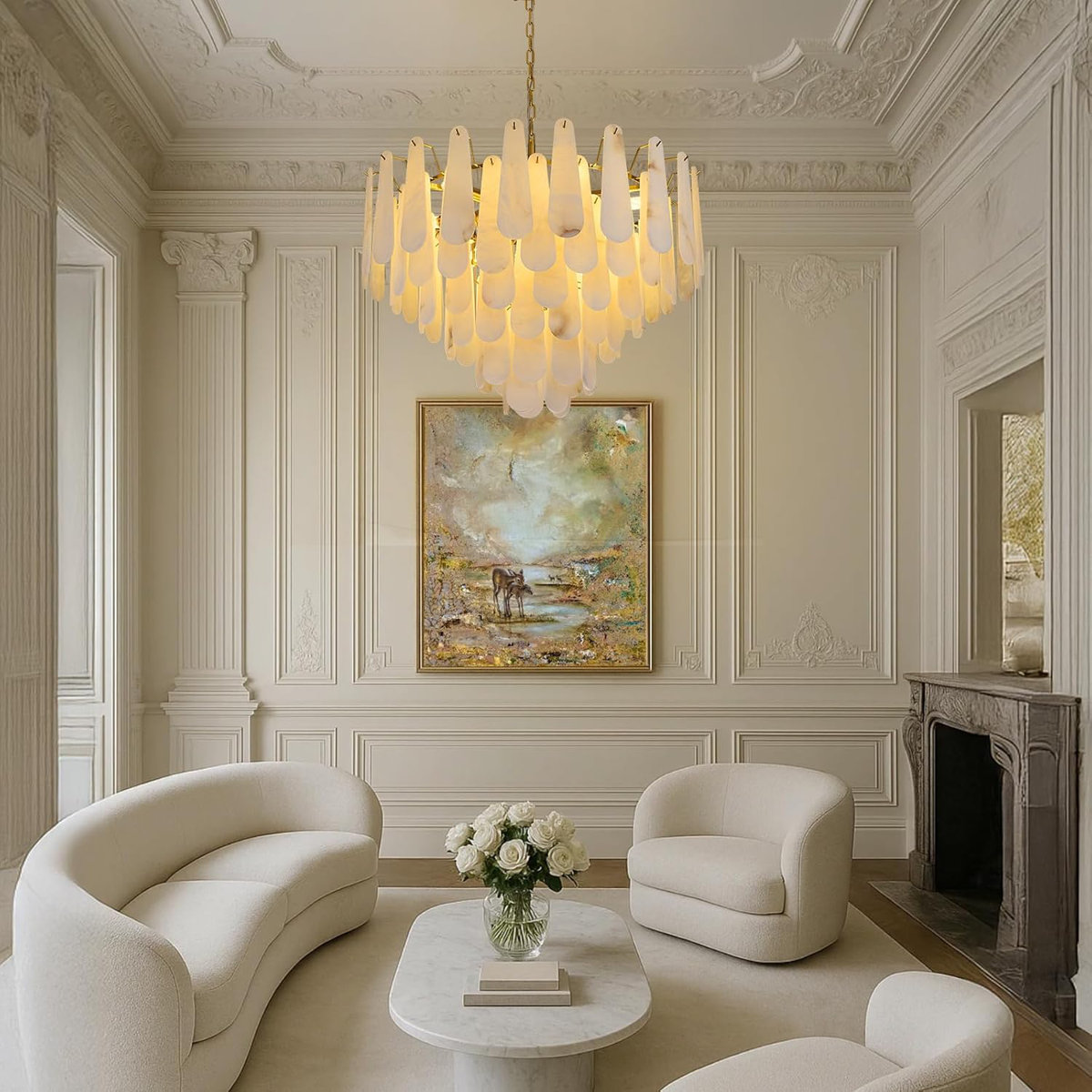 Alabaster Round Chandelier, 32 In 92 Pcs Natural Spanish Marble Stone Texture Chandelier, 6-tiers Modern Luxury Brass Chandeliers For Dining Room, Liv