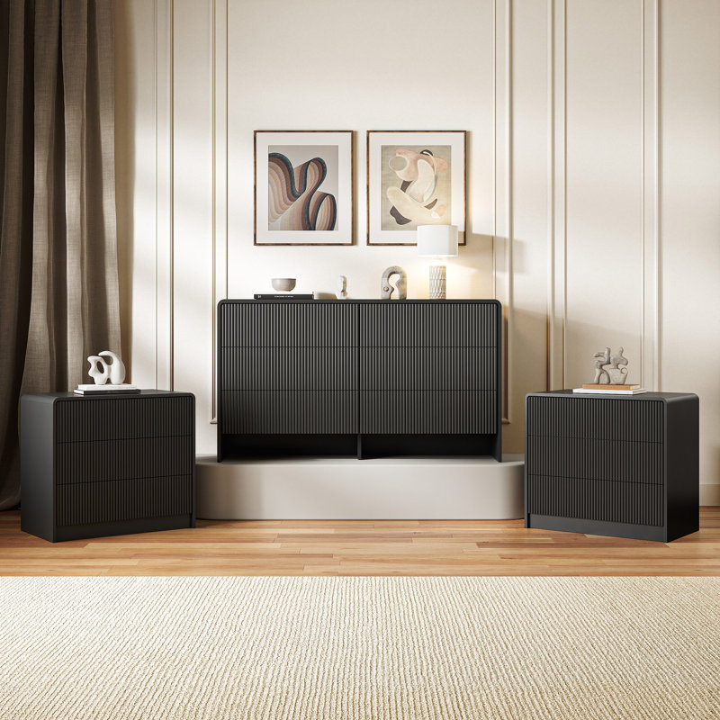 Ensemble de chambre à coucher 3 pièces, commode à 6 tiroirs et table de chevet à 3 tiroirs (lot de 2), Noir