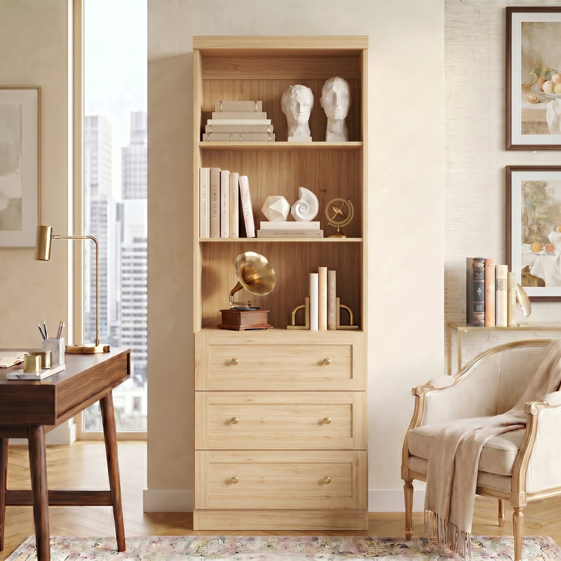 Modern Bookcase With 3 Drawers And 3 Open Shelves, White