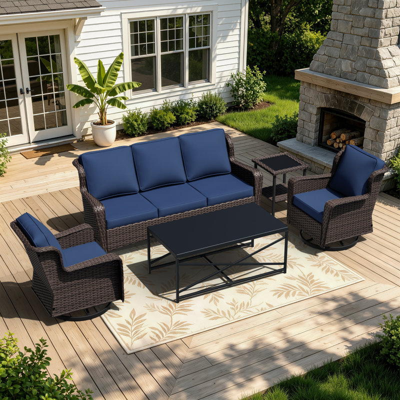 5-Person Outdoor Patio Conversation Seating Group Swivel Chairs With Coffee Table And Blue Cushions, Blue