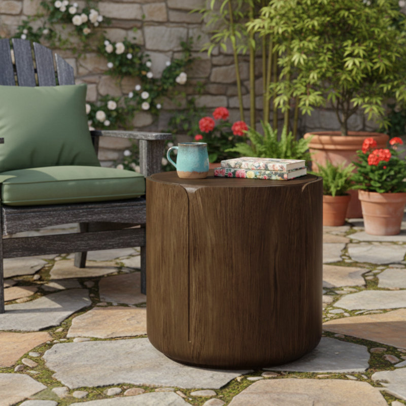 Table d'appoint intérieure ronde 19,29 po H, tabouret de jardin moderne en grain de bois, robuste MGO (oxyde de magnésium) imperméable, table sans assemblage pour patio, jardin, cour arrière, salon (brun)