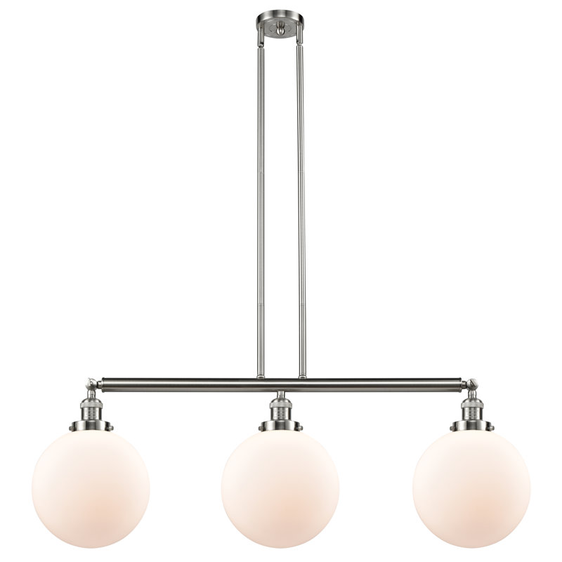 Luminaire suspendu linéaire à 3 lumières pour îlot de cuisine Lehmann, Blanc mat, Nickel satiné brossé, DEL