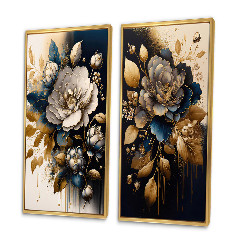 «Black and Gold Camellia Bouquet I», 2 pièces sur toile, Encadrement doré, H 32 po x l 32 po
