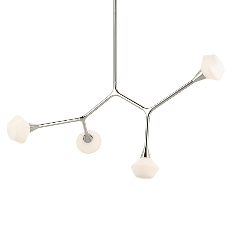Convertible Modern Adjustable Chandelier with Opal Glass, Polished Nickel, 4, 19.75" H x 5.25" W x 39.5" D