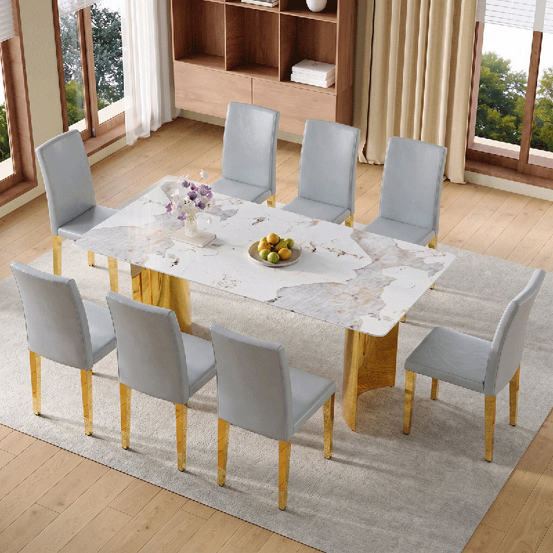 Ensemble de table de salle à manger rectangulaire de 71 po pour 8 personnes comprenant un plateau en faux marbre et des chaises en cuir de polyuréthane. Cet ensemble de salle à manger de 9 pièces convient aux maisons, aux restaurants et aux espaces de bureau.