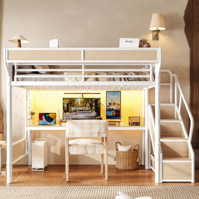 Lit mezzanine industriel avec bureau intégré et escalier de rangement, White