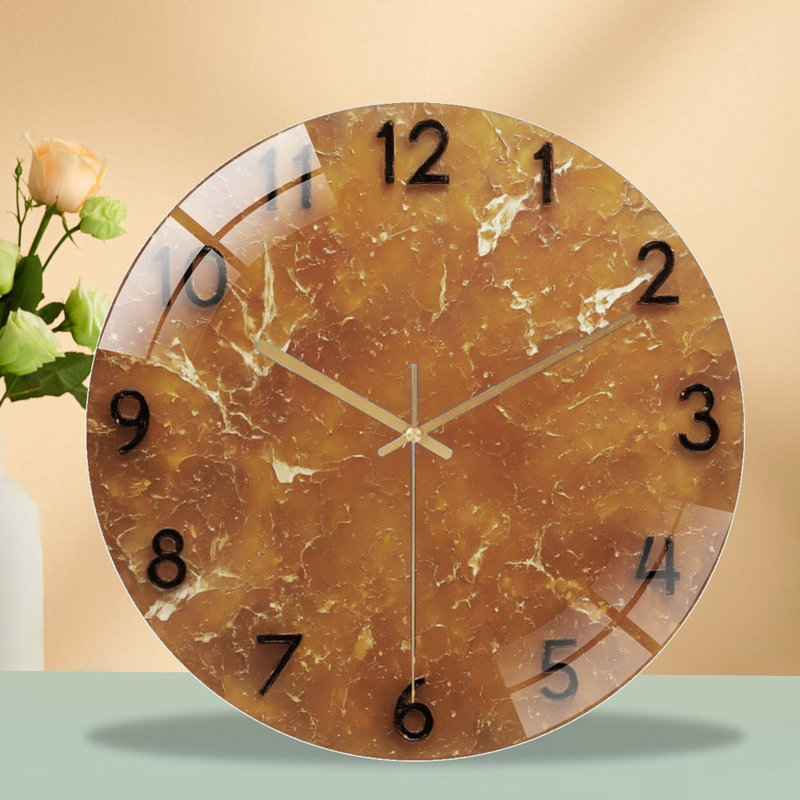 Horloge murale 12 po en verre trempé silencieux, horloge sans tic-tac «Texture de marbre de visage ambertonné», à piles (piles AA non incluses), décoration artistique pour la maison