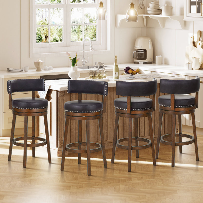 Tabouret de bar et de comptoir rembourré pivotant à 360°, structure en bois massif, siège et dossier rembourrés, garniture cloutée, tabouret pour îlot de cuisine