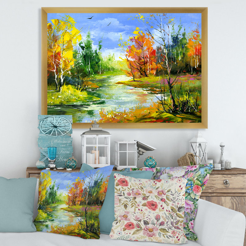 Paysage d'automne avec la rivière Wood - Peinture sur toile, H 30 po x l 40 po x 1,5 po, Cadre doré