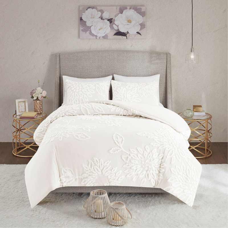 Ensemble de housse de couette 3 pièces, Housse de couette pour grand lit + 2 taies décora, Blanc cassé