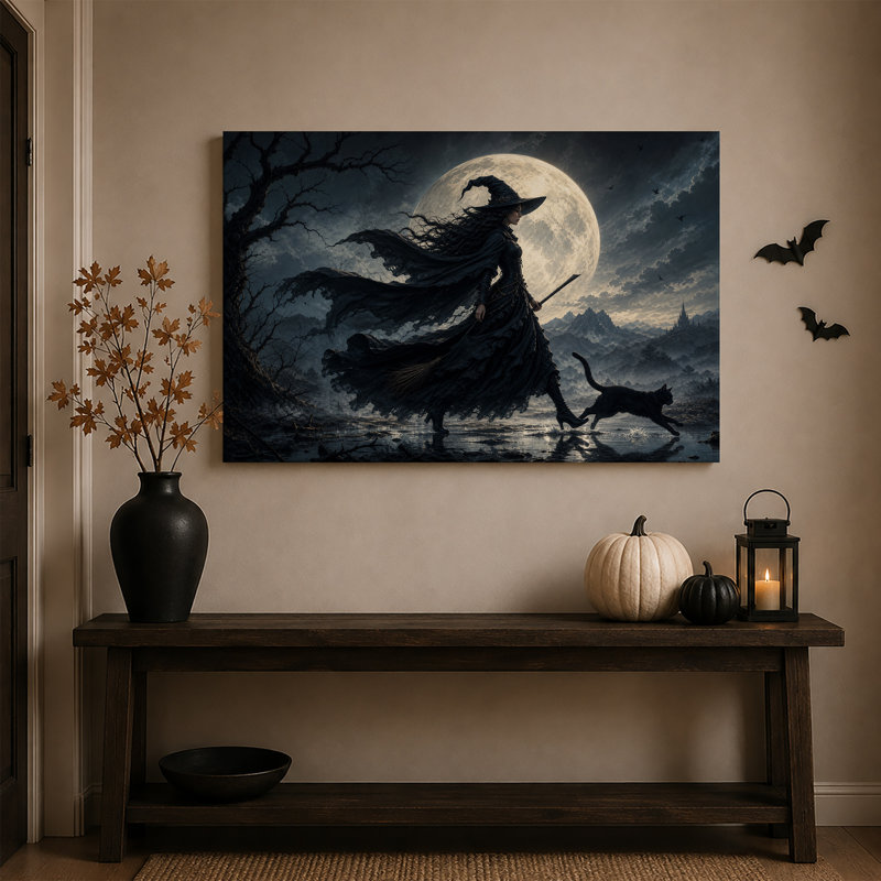 Sorcière en cape noire marchant avec un chat sous une toile murale d'Halloween, 16"H x 24"W