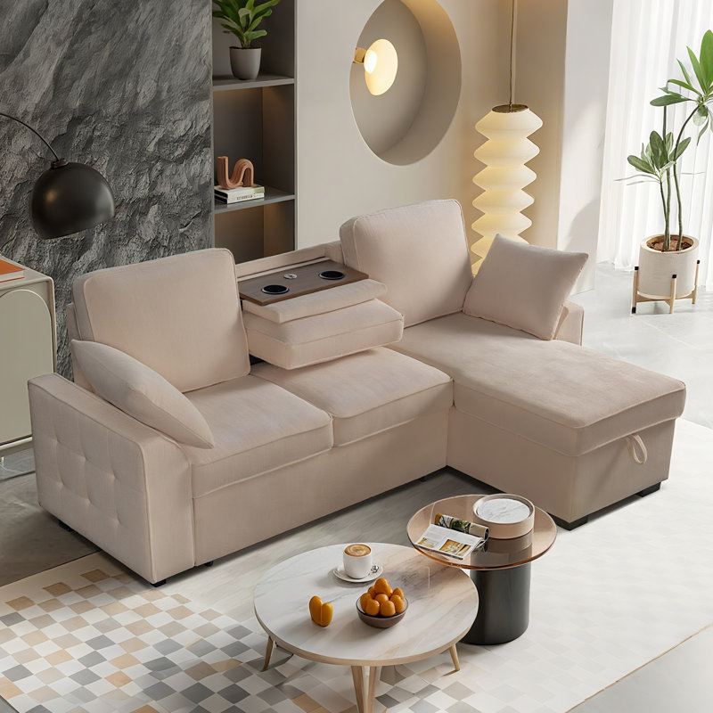 Canapé-lit modulaire rembourré 85,5 pouces avec méridienne avec rangement Finkle, canapé-lit avec port USB, 2 porte-gobelets sur les coussins de dossier