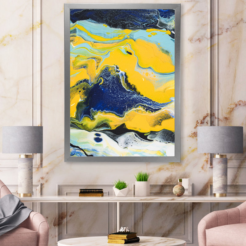 Composition abstraite de marbre jaune et bleu I - peinture sur toile, H 32 po x l 16 po x P 1 po, Encadrement argenté