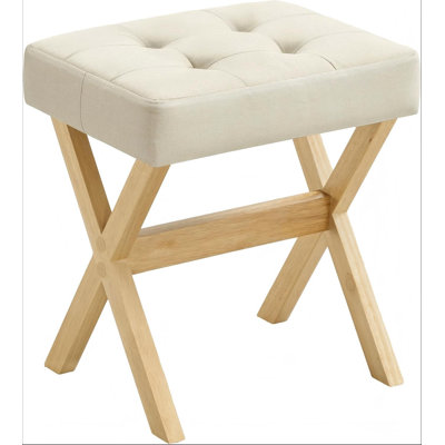 Makeup Stool, Padded Vanity Stool, Foot Rest, Solid Wood X Legs, for Bedroom, Closet, Entryway, Summer Sand and Natural Beige