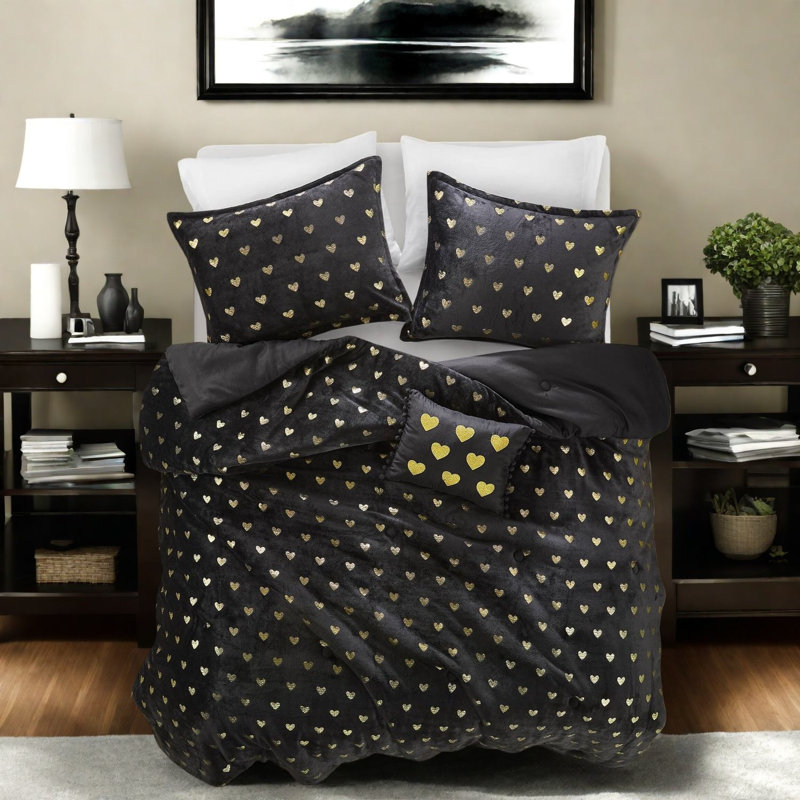 Ensembles de literie pour lit simple moelleux doux, style cœur métallique noir doré pour la maison