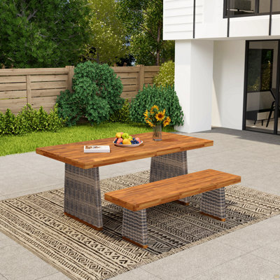 Outdoor Acacia Wood Dining Table Set With 1 Table And 1 Bench