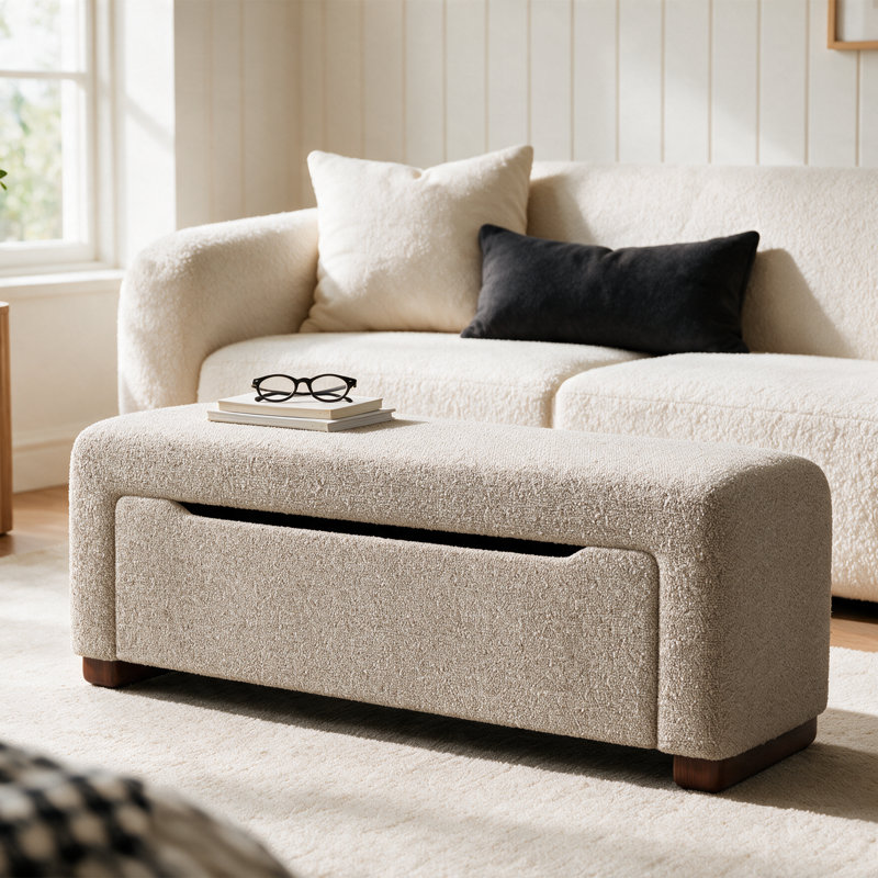 Banc de rangement rembourré bouclé de 47,2 po avec couvercle relevable et pieds en bois massif, Beige