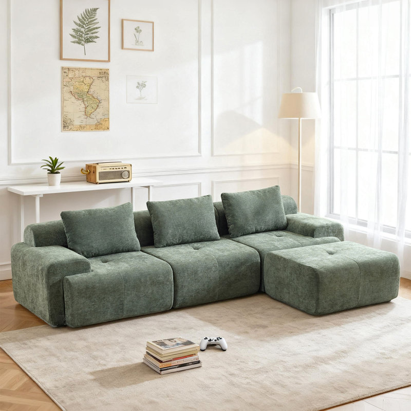 120.5" Oversized Boneless U-Shaped Modular Walmsley With 1 Ottomans, Chenille Upholstery And Deep Seats, No Assembly Required, Green