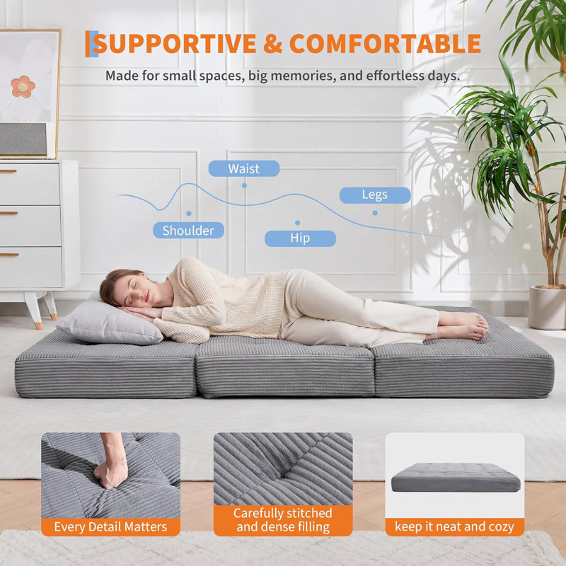 Foldable Floor Sofa Bed with High-Density Support Foam, 6-Inch Tri-Fold Mattress