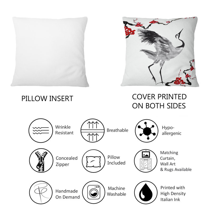 Oiseau grue japonais avec fleurs de prune stylisées - coussin décoratif traditionnel