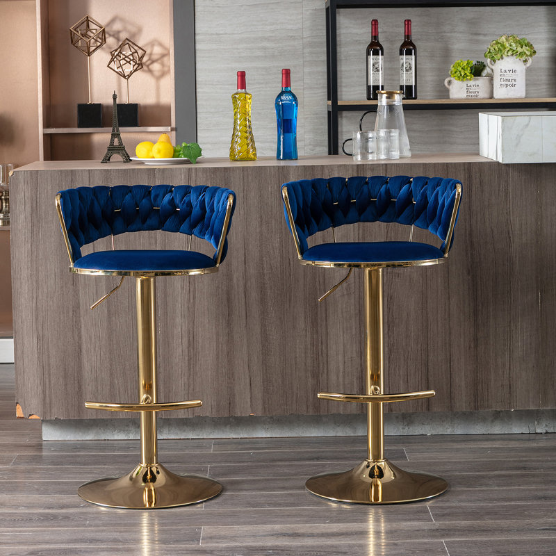 Tabourets de bar, avec repose-pieds chromé et base pivotante réglable en hauteur, Bleu