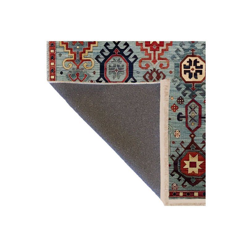 Tapis bleu délavé à motif traditionnel multicolore, Sous-tapis rectangulaire 2 pi 4 po x 3 pi 11 po