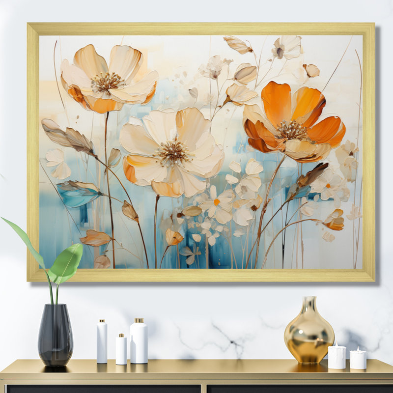 «Teal Orange Botanical Fragments II», art mural abstrait sur toile, Encadrement doré, H 30 po x l 40 po x P 1,5 po