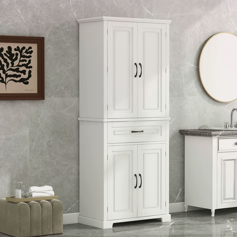 Armoire de rangement de salle de bain avec portes et tiroir, plusieurs espaces de rangement, tablette réglable, Blanc